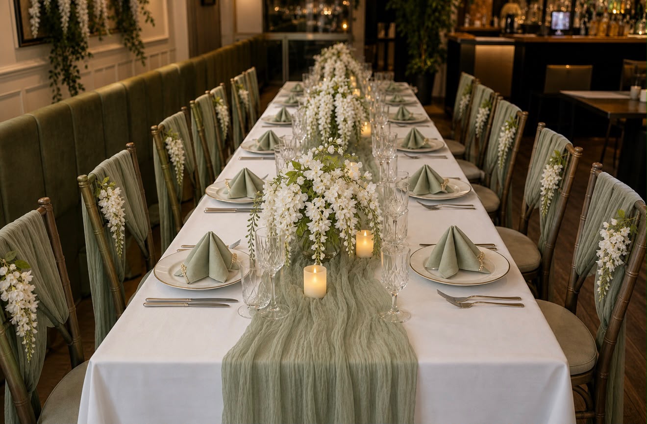 Elegant corporate dining setup with long table and floral centerpieces