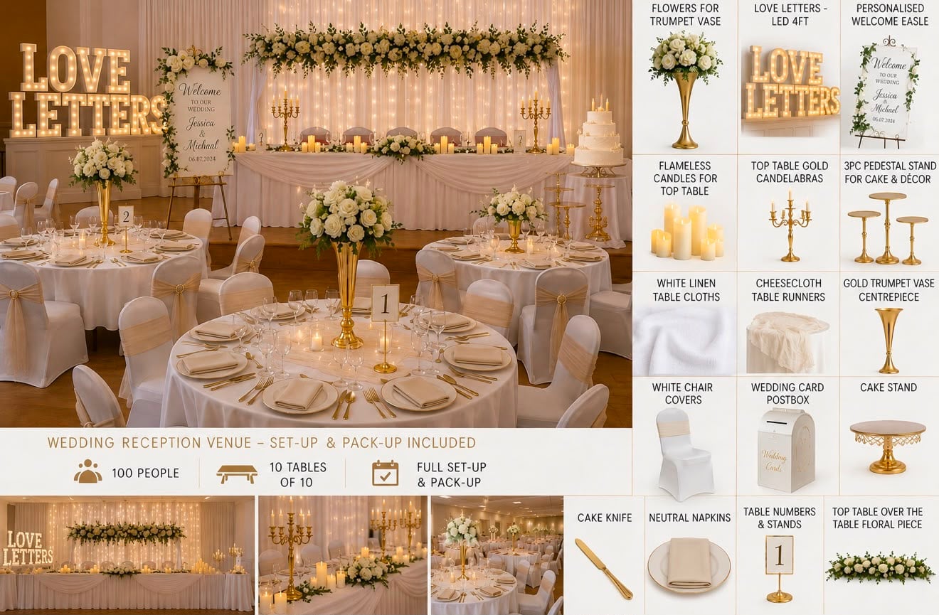 Wedding reception setup with elegant white tables, gold accents and floral styling