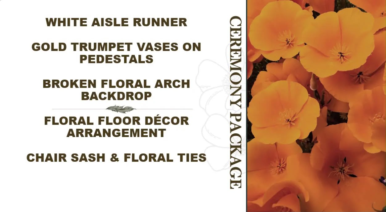 Wedding ceremony styling with white aisle runner, gold trumpet vases and floral decor